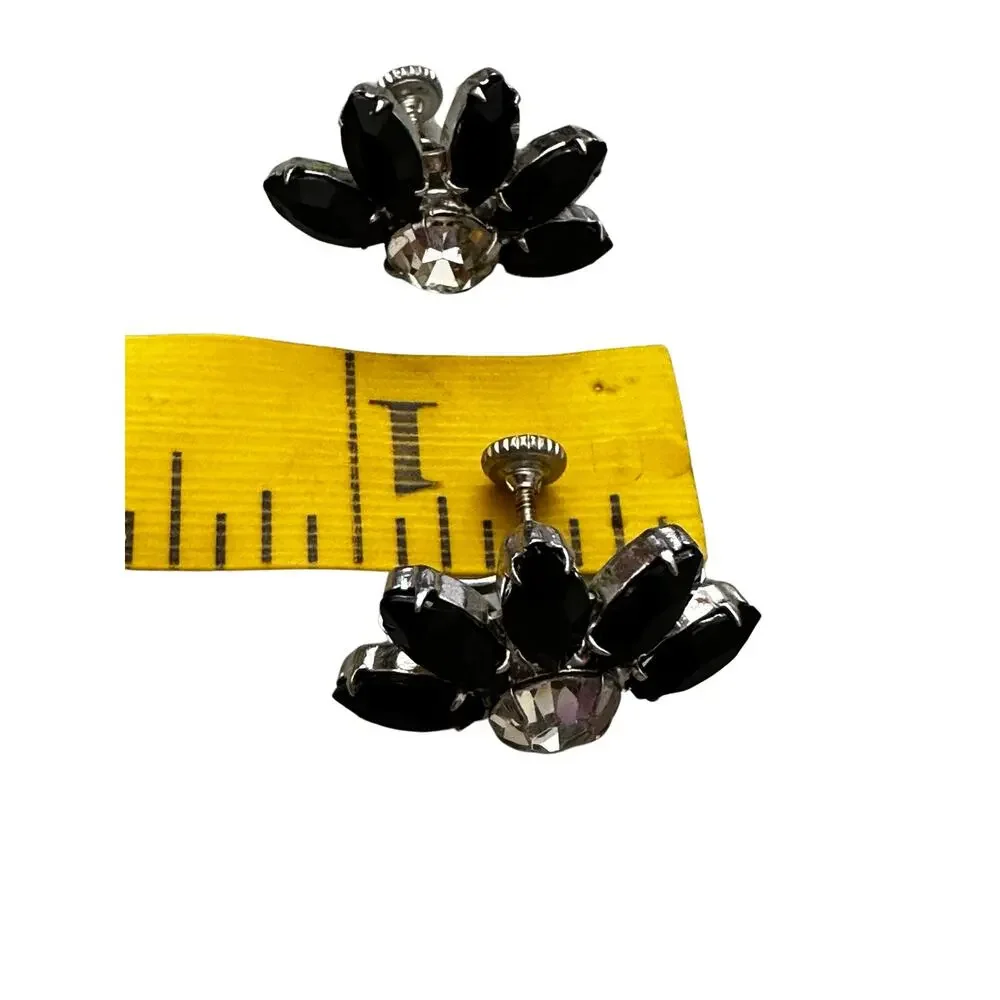Vintage Clear and Black Rhinestone Screwback Earrings - Picture 6 of 6